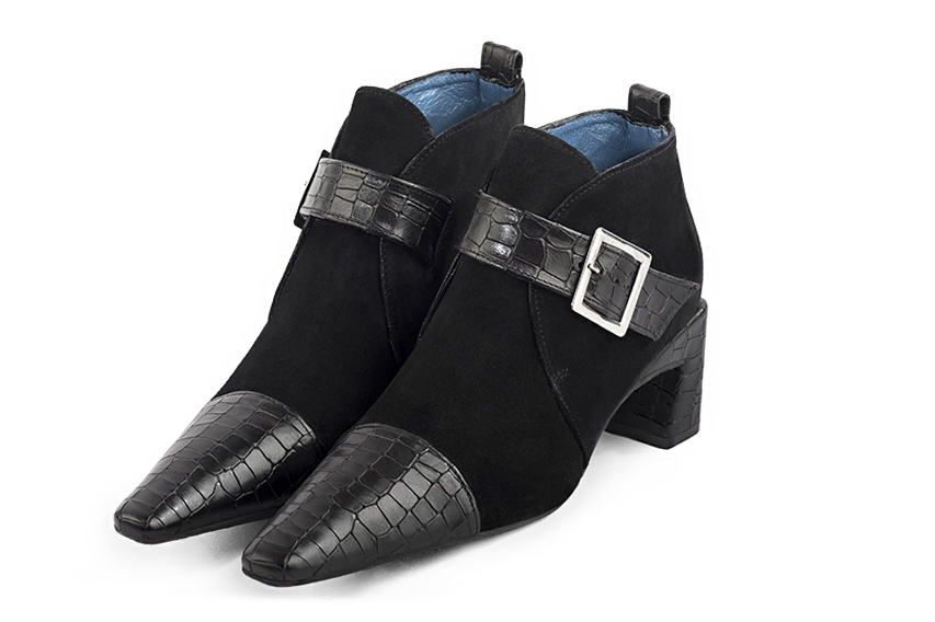 Satin black women's booties, with buckles at the front. Tapered toe. Medium flare heels - Florence KOOIJMAN